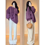 秋冬季女装韩版圆领麻花针织衫紫色外穿甜美毛衣女慵懒风上衣