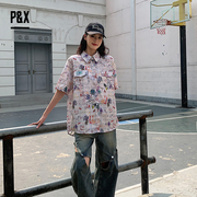 p&x格子涂鸦彩色涂鸦彩绘，印花衬衣女时尚，港风满印设计感衬衫