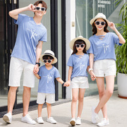 炸街亲子装夏季蓝色半袖白色短裤套装一家三口母子母女全家装洋气