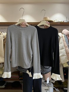 韩国东大门2024年冬季韩版纯棉长袖拼接设计感假两件T桖上衣