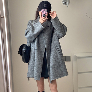 羊毛中长款毛呢外套女秋冬设计感宽松廓形西装，双面呢高级灰色大衣