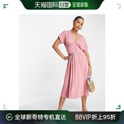 香港直邮潮奢 ASOS 女士设计收腰中长茶色纽扣粉色连衣裙