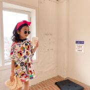 亲子款黑超奶嘴童装儿童短袖中长款T恤裙女童宝宝卡通满印母女裙