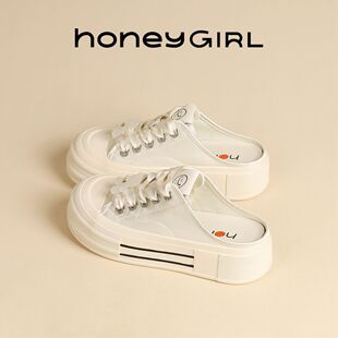 honeygirl帆布女鞋2024春夏秋款新中式，百搭高跟弹力包头半拖女鞋