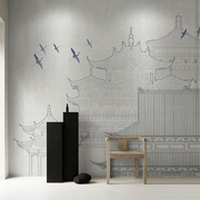 新中式线描阁楼雅致意境风轻奢，墙布现代客厅沙发背景墙纸茶室壁画