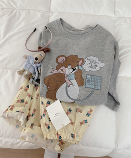 韩国多色夏季卡通电话老鼠休闲薄款宽松棉质短袖T恤睡衣套