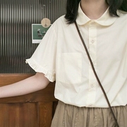 日系花边袖娃娃领短袖衬衫女学生夏薄款宽松百搭少女衬衣学生上衣