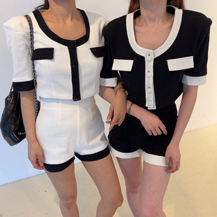 韩国夏季气质小香风黑白拼色短袖短款外套+半身裙时尚套装女