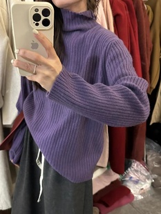 全羊毛高领毛衣2023冬装宽松坑条纹美拉德紫色韩系宽松针织衫
