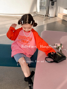 韩版休闲上衣2023春款女童字母撞色蝙蝠袖T恤衫儿童修身牛仔中裤