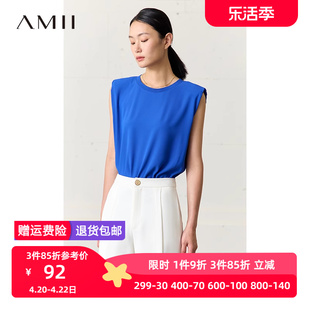 amii2024夏极简纯色个性无袖垫肩，套头宽松雪纺，t恤女上衣