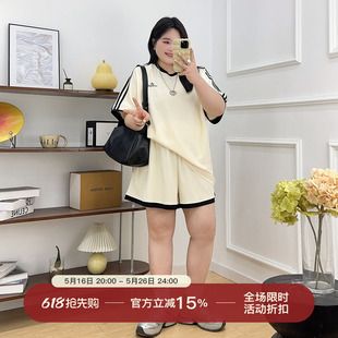 宛宛家运动套装女夏大码短款T恤+短裤两件套宽松显瘦胖mm潮ins风