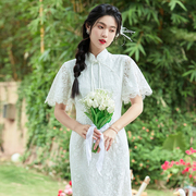 白色旗袍礼服荷叶袖气质年轻款中国风蕾丝连衣裙2023年女夏季