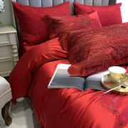 新中式100支臻丝红色婚庆刺绣四件套 80支长绒棉被套柔软床上用品