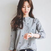 2024春季韩国东大门条纹立领，刺绣衬衫女韩版衬衣，长袖气质上衣
