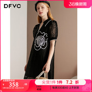 dfvc黑色设计感花朵，泡泡袖polo连衣裙女夏2022镂空绣花衬衫裙