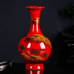 中国红手绘景德镇陶瓷器酒柜装饰品摆件颜色釉花瓶工艺品家居摆设
