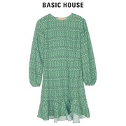 Basic House/百家好秋女印花后背镂空长袖连衣裙少量HTOP527A-598