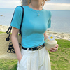 短袖t恤女2024夏季蓝色圆领基础款纯色修身正肩上衣体恤