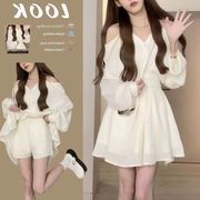 小个子连衣裙甜美2024年韩版设计露肩显瘦短款上衣百搭两件套