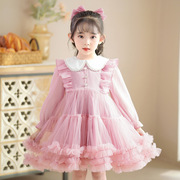 女童公主裙娃娃领长袖，雪纺蛋糕裙短款网纱蓬蓬裙甜美可爱花童礼服