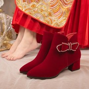 红色高跟鞋高级感婚鞋秀禾婚纱两穿粗跟不累脚冬季加绒新娘短靴子