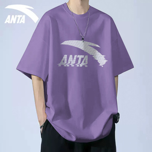 安踏紫色短袖男t恤2024夏季青少年休闲半袖，潮流印花运动t