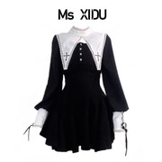 Ms XIDU 可纯可欲假两件高腰连衣裙暗黑系哥特修女裙万圣节小黑裙