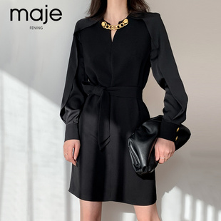 FENING MAJE 春秋设计感薄款连衣裙女复古法式黑色中长款雪纺衬衫