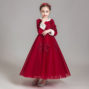 公主裙女童红色婚纱加厚长袖小女孩儿童钢琴演出服花童礼服女秋冬