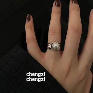 橙子饰物s925纯银镶珍珠，宽面开口戒指环法式百搭戒子女可调节