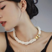 韩国2023秋冬优雅气质叠戴钻石项链女短款珍珠颈链美拉德色