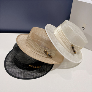 法式名媛复古亚麻珍珠平顶礼帽，麻纱手工草帽，赫本帽子优雅网纱帽女