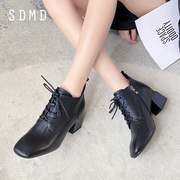 SDMD真皮粗跟短靴女冬季欧美头层牛皮中高跟时装及踝靴短筒靴