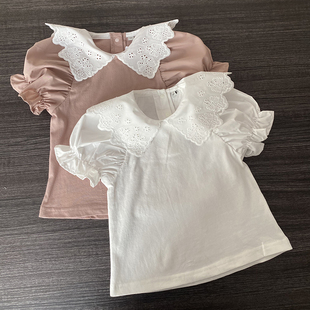 日系100-150af女童纯棉t恤蕾丝领口大翻领，泡泡袖儿童童装短袖