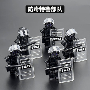 中国积木军事防毒特警警察特种兵人仔儿童，拼装小人偶益智玩具模型