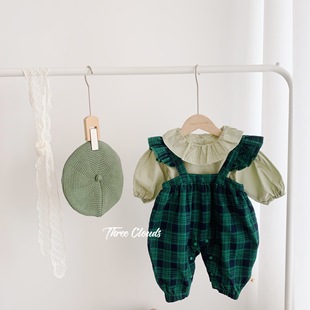 三小朵婴幼儿宝宝女童秋款复古绿格子英伦风两件套衬衫套装背带裤