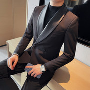 秋装韩版修身男士轻奢拼皮西装型男高级感西服外套双排扣礼