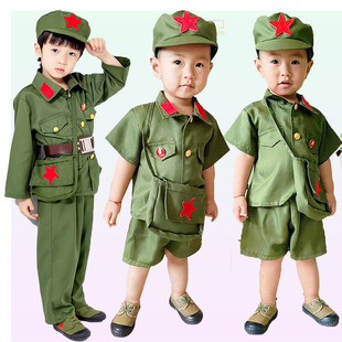 六一儿童军绿色小红军长袖男童军装练功娃娃兵八路军短袖宝宝套装