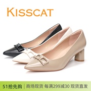 KISSCAT接吻猫2024春夏款粗跟高跟羊皮尖头浅口舒适通勤女鞋单鞋