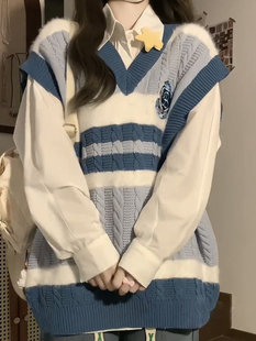 韩系学院风针织毛衣套装女秋冬小众慵懒风马甲衬衫两件套
