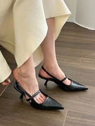黑色高跟鞋尖头单鞋仙女鞋子2024春夏季气质名媛法式包头凉鞋