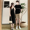 小众设计感情侣装夏季2024韩版短袖，t恤女连衣裙法式一裙一衣ins潮