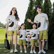 亲子装夏季一家三口短袖儿童卡通熊猫，珠地棉t恤父子短裤家庭套装