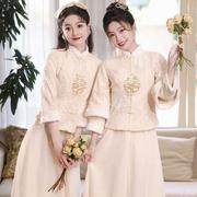 中式伴娘服冬季2023婚礼，中国风加绒加厚伴娘，团姐妹裙年会礼服