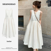 有拉链:韩系女装茶歇法式白色无袖连衣裙小个子显瘦背心裙子