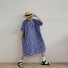hewu和物 原创设计女装 蓝白格子衬衫裙 宽松 短袖连衣裙  法式
