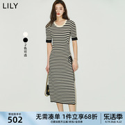 lily2024夏女装(夏女装)别致抽绳气质通勤复古修身长，款短袖针织连衣裙