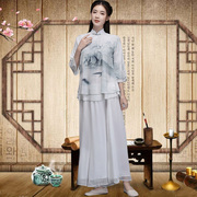 中国风中式女装唐装雪纺上衣民族风女文艺禅意居士茶服瑜珈服套装