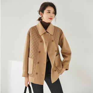 日本小众冬羊毛双面呢短款毛呢大衣棉衣外套女拼接
